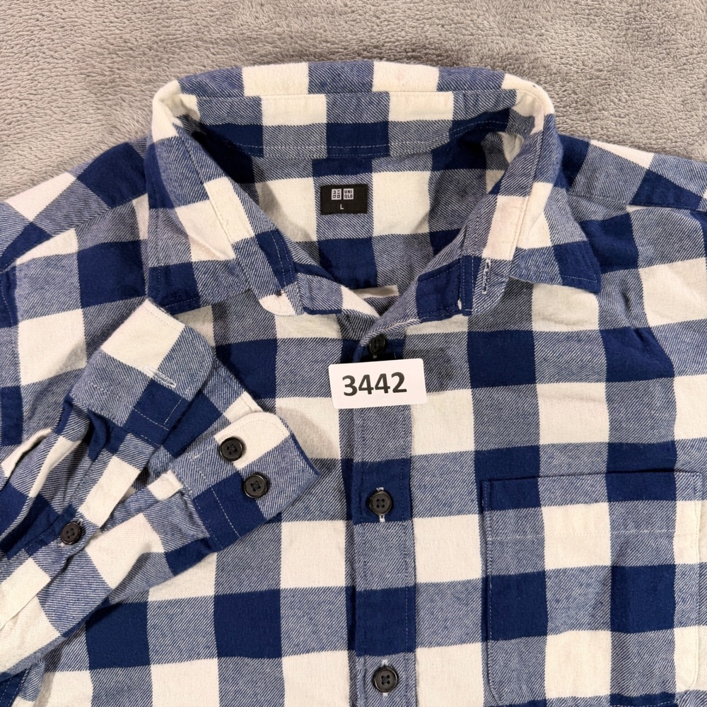 Uniqlo Flannel Shirt Mens L Blue White Buffalo Check Long Sleeve Button Down